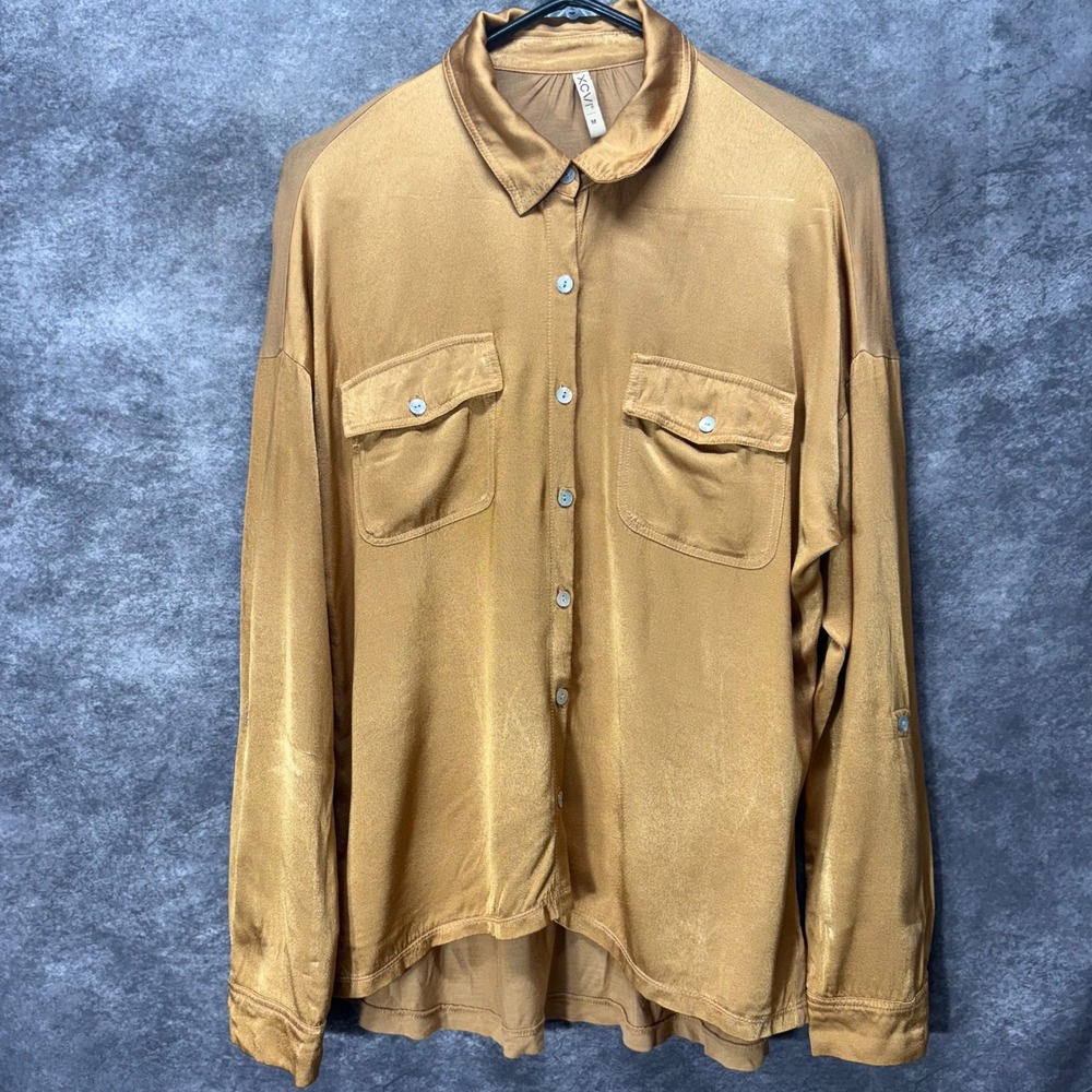 XCVI Gold Bronze Button Down Shirt Top Women's M Double Pocket Lagenlook